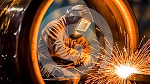 Professional welder welding metal a pipe on a pipeline construction. Industrial Worker at the factory welding closeup.