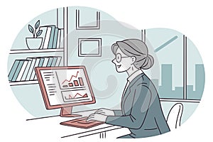 Professional woman analyzing data on computer in modern office setting during work hours