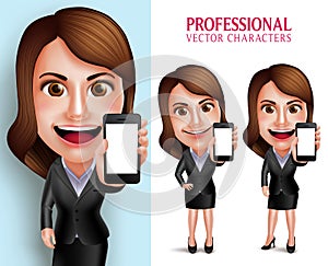 Professional Woman Character with Business Outfit Happy Smiling Showing Blank Screen Mobile Phone