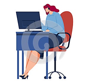 Professional woman with red hair working at computer desk. Customer service representative with headset. Female office