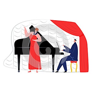 Professional woman songstress sing vocal music song hit, man sitting playing piano flat vector illustration, isolated on