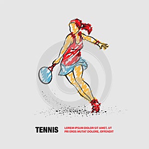 Professional woman tennis player illustration. Vector outline of tennis player with scribble doodles style drawing.
