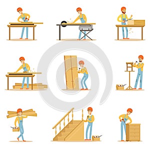 Professional Wood Jointer At Work Crafting Wooden Furniture And Other Construction Elements Vector Illustrations