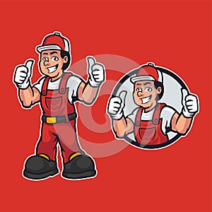 Professional worker in dressed work clothes and standing pose while giving thumbs up. Construction maintenance worker in mascot