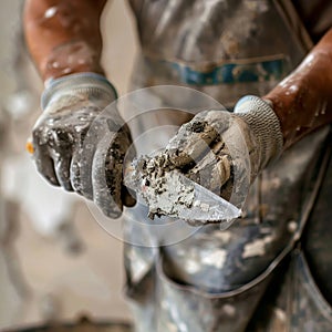 Professional worker holding putty knife with plaster closeup, construction working, plaster knife in hands