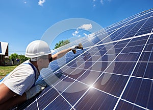 Professional worker installing solar panels on the green metal construction