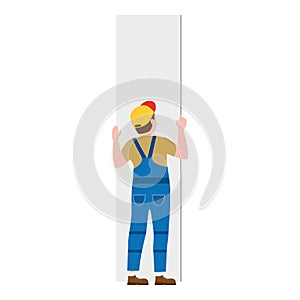 Professional worker man installing gypsum plasterboard panels. Vector illustration, isolated. Construction industry