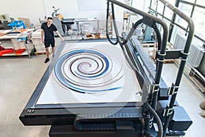Professional worker printmaker technician operator works in modern printing plant