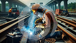 a professional worker is welding iron on a road construction