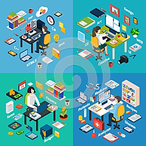 Professional Workplace Isometric 4 Icons Square