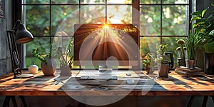 Professional Workspace: Desktop Computer Screen on Desk with Business-Friendly Plant. Concept photo