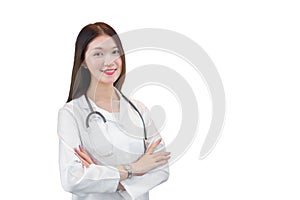 Professional young age Asian woman doctor standing smile in good mood with arms crossed in office room in hospital while working