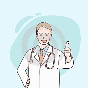 Professional young male doctor character with thumbs up hand, showing a successful operation for decoration. Hand drawn style.
