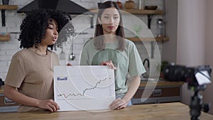 Professional young women pointing at business graph talking at video camera standing in kitchen. African American and