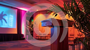 A professionallooking podium stands at the front of the room ready for presentations