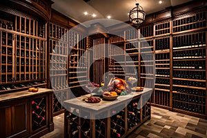 A professionally curated Thanksgiving wine cellar, featuring an impressive selection of vintages, housed in elegant racks, ready