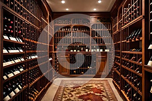 A professionally curated Thanksgiving wine cellar, featuring an impressive selection of vintages, housed in elegant racks, ready