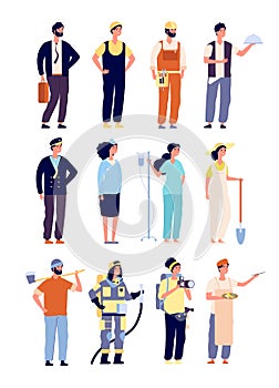 Professionals characters. policeman and fireman, doctor and stewardess, artist and musician, builder. labor Day vector