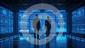 Professionals observing digital data displays data analysis