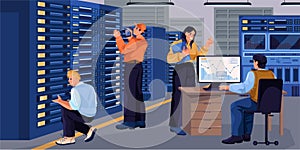 Professionals working in data center server room