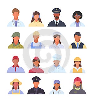 professions avatars. builders doctors cook aviators artists and other professional workers. Vector stylized characters