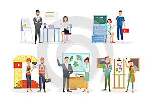 Professions flat vector illustrations set. Office workers, analysts cartoon characters. Doctor and emergency paramedic