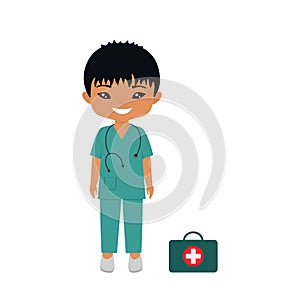 Professions for kids. Cute chibi character in medical costume. Flat cartoon style