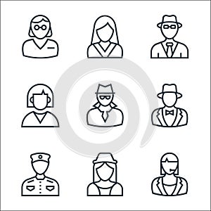 professions line icons. linear set. quality vector line set such as call agent, stewardess, bellboy, magician, spy, employee, spy