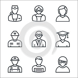 Professions line icons. linear set. quality vector line set such as employee, writer, miner, scholar, teacher, firefighter,