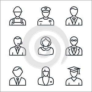 Professions line icons. linear set. quality vector line set such as graduate, nurse, lawyer, pharmacist, nun, employee, police