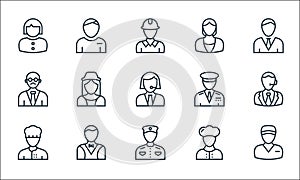 Professions line icons. linear set. quality vector line set such as postman, bellboy, baker, chef, butler, teacher, captain,