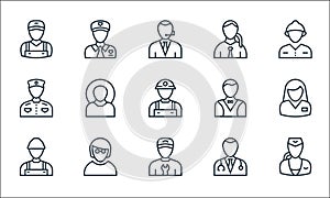 Professions line icons. linear set. quality vector line set such as stewardess, mechanic, laborer, doctor, employee, bellboy,