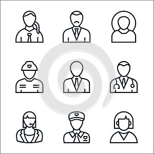 professions line icons. linear set. quality vector line set such as employee, policeman, call agent, doctor, teacher, firefighter
