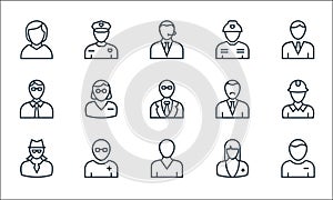 Professions line icons. linear set. quality vector line set such as student, sportsman, spy, nurse, nurse, professor, manager,