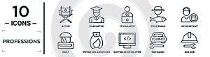 professions linear icon set. includes thin line actor, it manager, accountant, physician assistant, mechanic, builder, swat icons