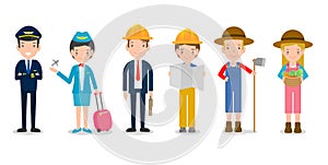 Professions for people ,set of cute professions for person isolated on white background, pilot,air hostess, engineering,farmer