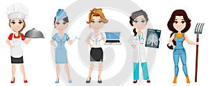Professions. Set of female cartoon characters. Chef, stewardess, business woman, medical doctor and farmer