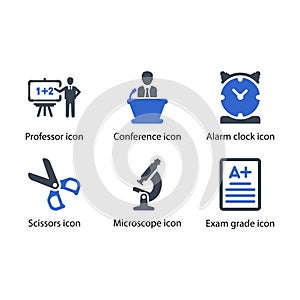 Professor, Conference, Alarm clock, Scissors, Microscope, Exam grade, icon