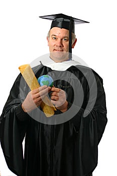 Professor with diploma and world in hand