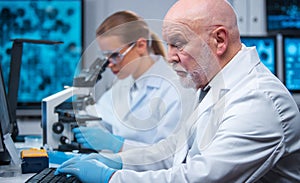 Professor and doctor work in a modern scientific laboratory using equipment and computertechnologies. Group of