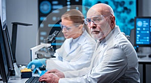 Professor and doctor work in a modern scientific laboratory using equipment and computertechnologies. Group of