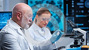 Professor and doctor work in a modern scientific laboratory using equipment and computertechnologies. Group of