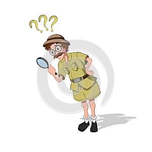 Professor with loupe in cartoon style. Image of finder in isometric view. Drawing of jungle researcher