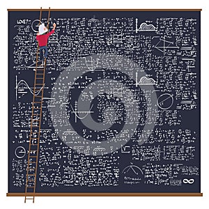 Professor Mathematician with Formulas On huge Blackboard, Math Science Research. math symbol