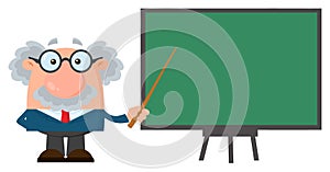 Professor Or Scientist Cartoon Character With Pointer Presenting On A Board