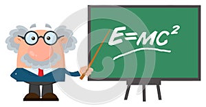 Professor Or Scientist Cartoon Character With Pointer Presenting Einstein Formula
