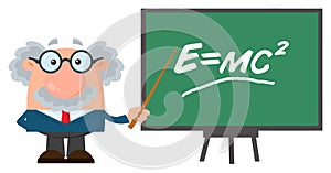 Professor Or Scientist Cartoon Character With Pointer Presenting Einstein Formula.