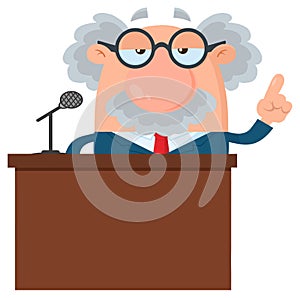 Professor Or Scientist Cartoon Character Speaking Behind a Podium With Speech Bubble