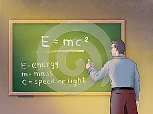 Professor showing the relativity formula