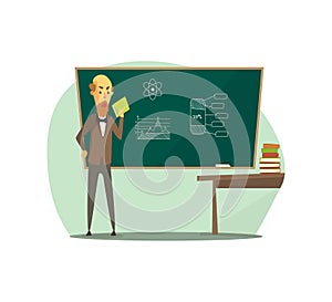 Professor Standing in Front of Blackboard with Book on His Hands, Senior Teacher Students in Classroom at School Vector